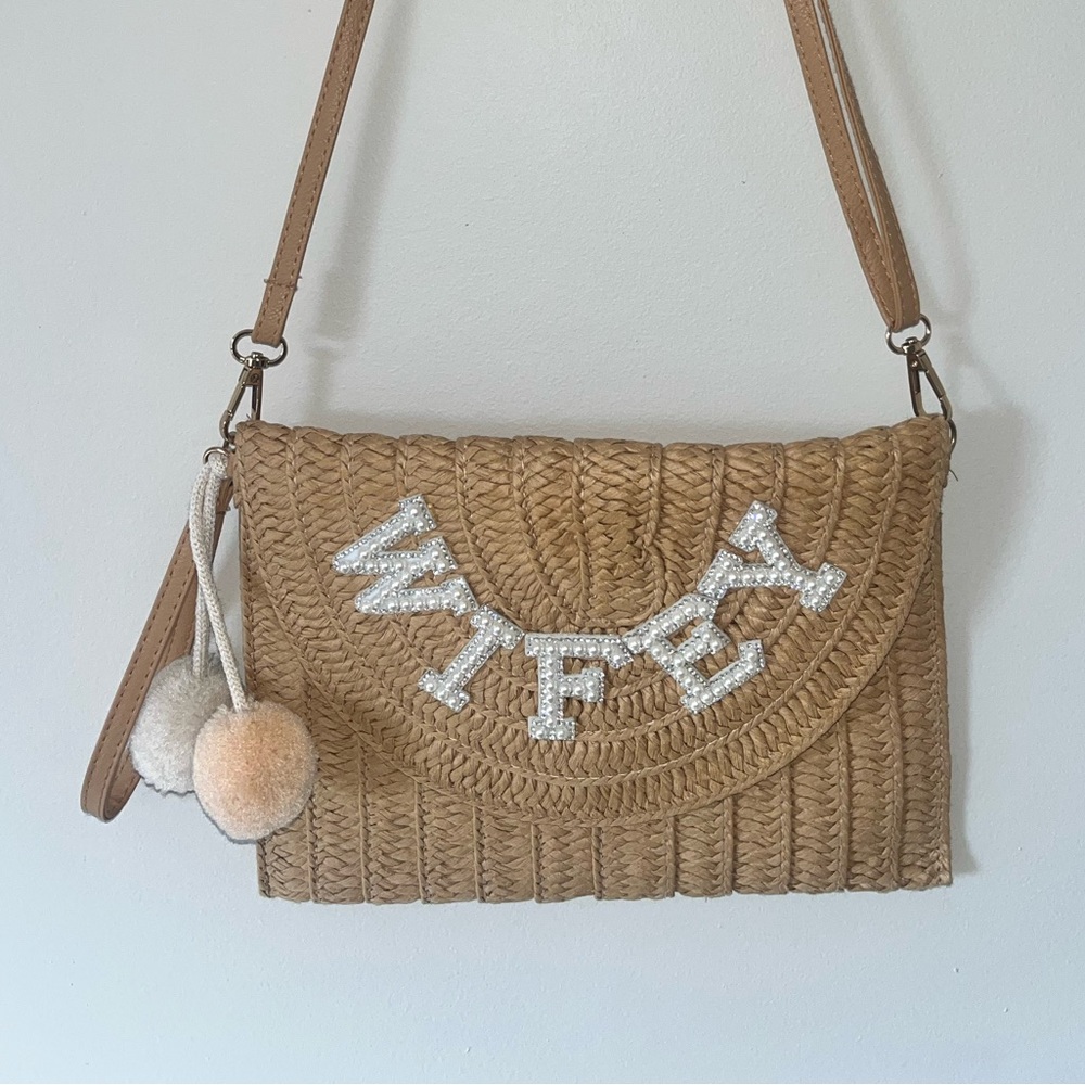 Woven “Wifey” Tan Shoulder Bag with Pom Poms